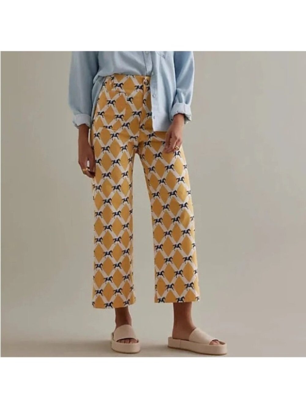 Maeve Sz 25 The Colette Cropped Wide-Leg Pants Yellow Horse Print Equestrian